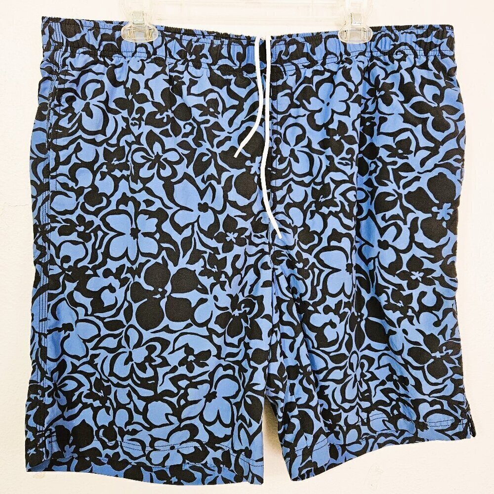 Lands' End Men Dark Blue Floral Pattern on Blue Swim Trunks Size XL 40-42